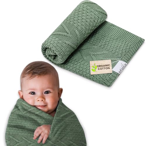 Organic Cotton Baby Blanket - 31.5 x 43.3 Inches, Soft Knitted Crib Blanket for Boys & Girls, Breathable Design (Green)