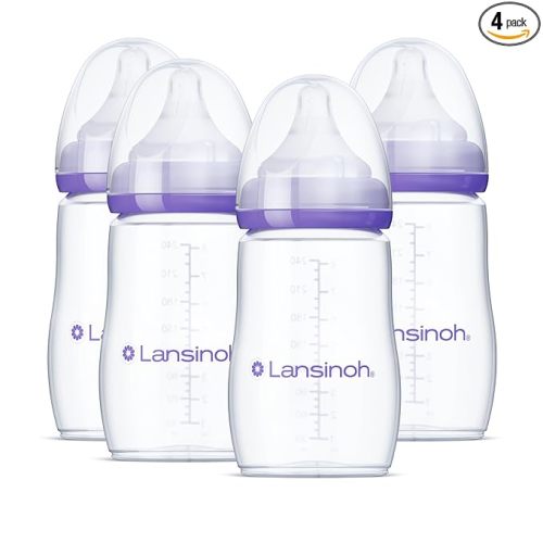 Lansinoh Anti-Colic Baby Bottles for Breastfeeding Babies, 8 Ounces, 4 Count, Includes 4 Medium Flow Nipples, Size M