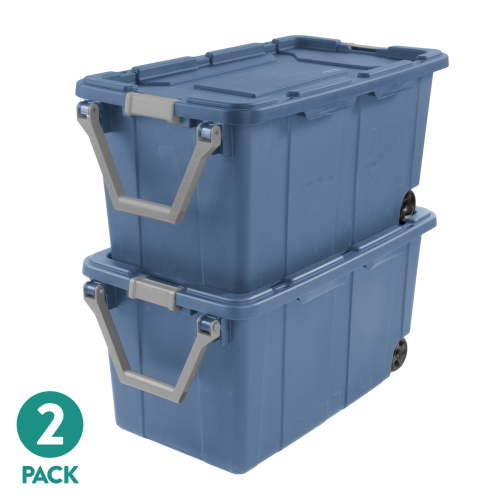 Sterilite Extra-Large Wheeled Industrial Storage Bin, 40 Gallon Durable Plastic Storage Tote with Latching Lid and Pull Handle, Blue, 2 Pack
