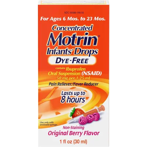 Motrin Infants' Oral Suspension Concentrated Liquid Medicine Drops with Ibuprofen, NSAID Infant Fever Reducer and Pain Reliever for Babies, Dye-Free, Alcohol-Free, Berry Flavor, 1 FL OZ