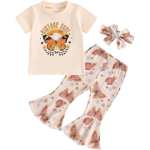Baby Girl Outfits Vintage Soul Butterfly T-shirt Floral Flare Pants with Headband Toddler 6M 12M 18M 2Y 3Y 4Y