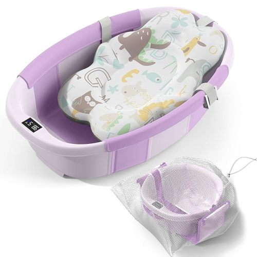 Collapsible Baby Bathtub - Large Baby Bath Tub with Thermometer & Cushion | Travel Portable Newborn Infant Bathtub | Foldable Toddler Bathtub for Baby 0 to 36 Months (Purple)