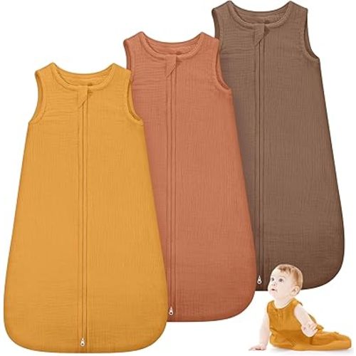 Baby Sleep Bag 0-6/6-12month Sleeveless Muslin Baby Wearable Cotton Sack with 2 Way Zipper Swaddle for Newborn Baby Boy Girl(Orange, Brown, 0-6 Months)