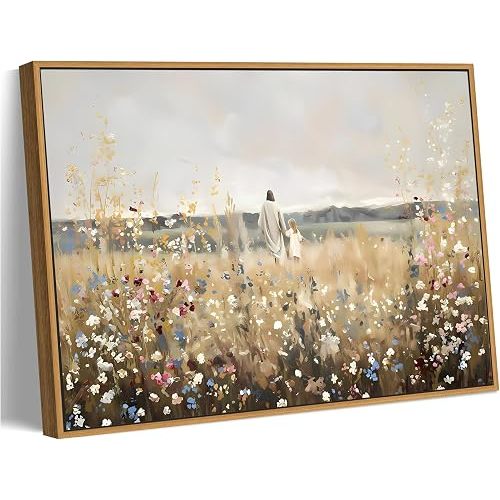 Framed Jesus Canvas Wall Art Jesus and Little Girl Walking in Flower Field Painting Pictures Christian Wildflowers Prints Religious Home Wall Decor for Living Room Bedroom Office Church