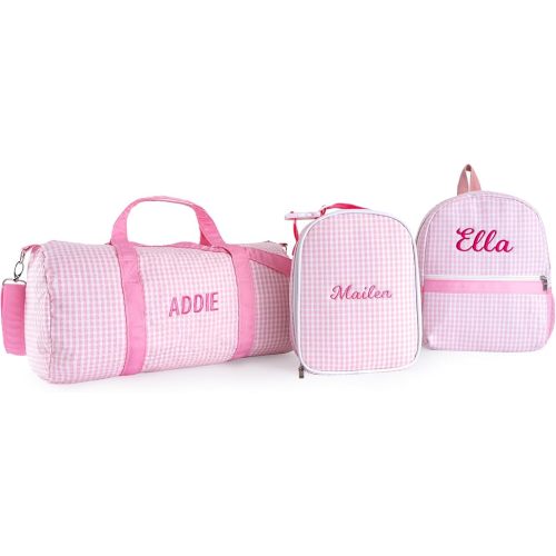 MT WORLD Daycare Backpacks Set Personalized Pink Checkered Backpacks with Lunch Box and Travel Duffel Bag,Custom Daypack with Lunch Bag and Overnight Duffle,Weekender Bag Set with Name