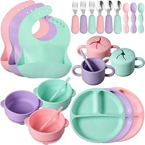 6pcs Pink 100% Non-toxic Suction Baby Feeding Set, 0-6 Month Baby Bowl,  Plate, Cup, Fork and Spoon Feeding Supplies