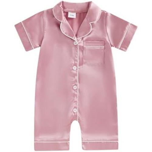 MAINESAKA Newborn Baby Girl Boy One Piece Pajama Romper Sleep Jumpsuit Silk Satin Long Sleeve Button Down Pjs Sleepwear