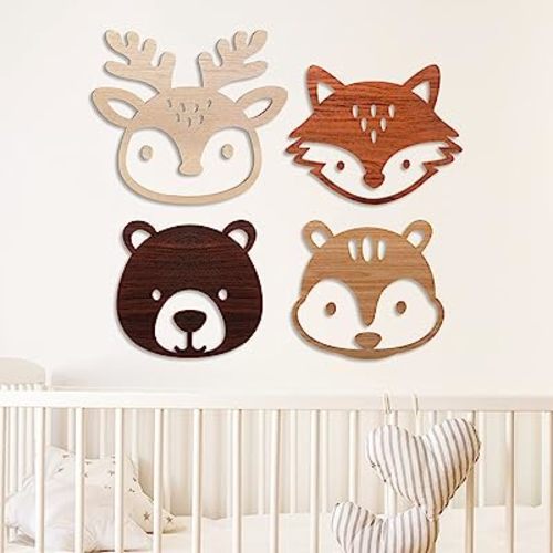 Hoteam Woodland Nursery Decor, Wooden Forest Animal Wall Decoration Woodland Baby Shower Decorations Nursery Decor for Rustic Farmhouse Log Cabin Bathroom Room (Adorable Style)