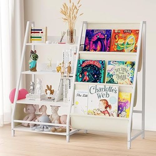 Kids Bookshelf and Toy Organizer, 4 Tier Bookshelf for Kids, Montessori Baby Toddler Toy Storage Bookcase Book Shelf for Rooms, Bedroom, Playroom, Nursery