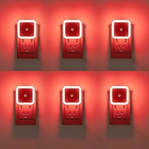 KINUR 6 Pack Red Night Light, LED Night Lights Plug into Wall with Dusk to Dawn sensors, Plug in Night Lights for Kids Room, Bedroom, Bathroom, Baby Nursery,Stair Lights, Hallway Light, Daylight