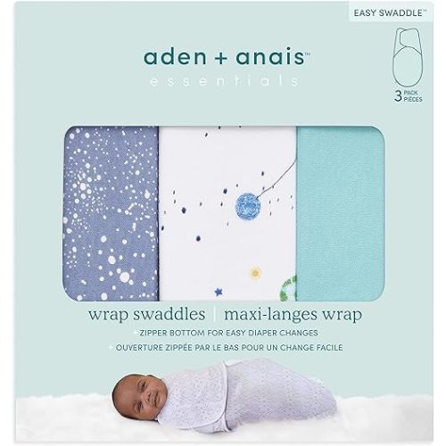 aden + anais Essentials Easy Swaddle Wrap Quick Change with Bottom Zipper, Snug Cotton Knit Baby Wrap Swaddle Blanket for Newborns, TOG 1.0, 3-Pack, Stargaze, 0-3 Months, Small/Medium