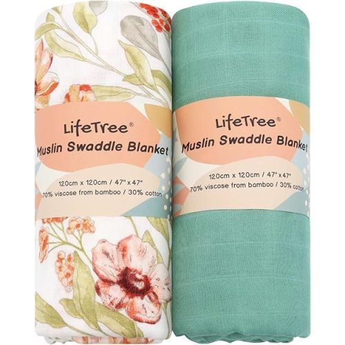 LifeTree Baby Swaddle Blanket, 70% Viscose from Bamboo and 30% Cotton Muslin Swaddles Blankets Unisex, Swaddling Blanket Neutral for Newborn, Super Soft Large 47" x 47", Pomegranate Flower and Green