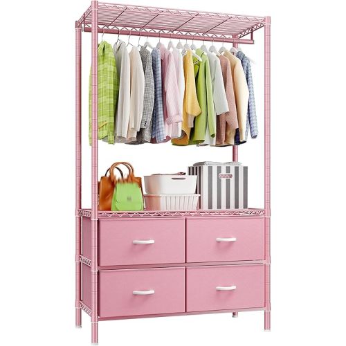 Raybee Heavy Duty Clothing Rack with Shelves and 4 Drawers,Clothes Rack for Hanging Clothes,Portable,Metal, Sturdy,Pink
