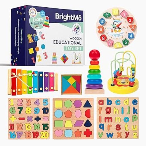 8-in-1 Montessori Wooden Activity Toy for 3 Year Old Boys & Girls – Alphabet, Numbers, Shape Sorting & Xylophone – Preschool Educational Learning Set