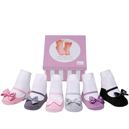 Baby Girl Socks with Mary Jane or Sneaker Shoe Look - Non-slip Gripper Soles - 3 or 6 Pairs - Soft Cotton