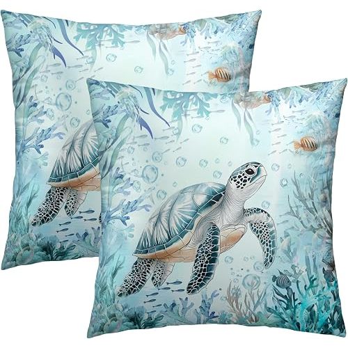 Imiss Sea Turtle Throw Pillow Cover 18x18 Inch Set of 2 Teal Blue Ocean Beach Coastal Decorative Outdoor Pillow Covers Square Cushion Pillow Cases for Patio Couch Sofa Bedroom