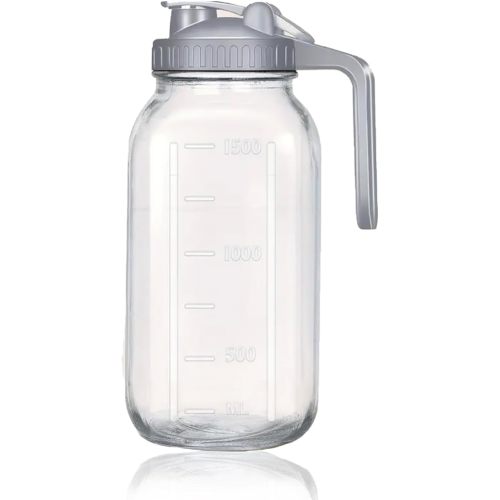 Breast Milk Pitcher Jug Glass Mason Jar Airtight Pitcher with Pour Spout Handle for Breastmilk, Iced Tea, Ice Drinks Storage Container (Gray, 64oz)