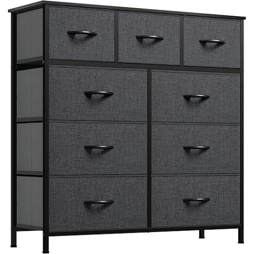 YITAHOME Dresser with 9 Drawers - Fabric Storage Tower, Tall Chest Organizer Unit for Living Room, Entryway with Sturdy Steel Frame, Wooden Top, Black Grey