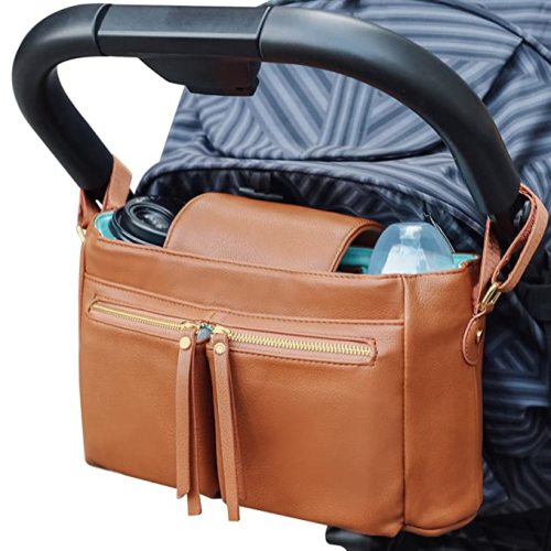 Stroller Organizer with Insulated Cup Holders Mominside Stroller Accessories Leather Universal Stroller Caddy with Adjustable Straps, Zippered Pocket, Fit All Strollers, Brown