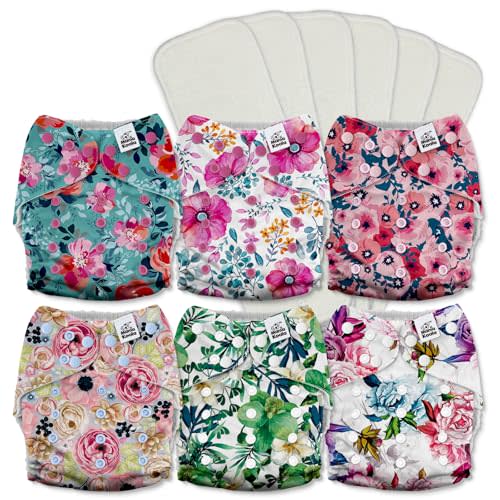 Mama Koala 3.0 Pocket Cloth Diapers for Babies with AWJ Lining, 6 Pack with 6 5-Layer Natural Cloth Diaper Inserts - Reusable and Washable Pocket Diapers(A-Bloomin' Lovely)