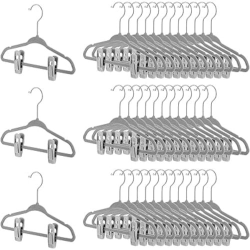 Soaoo 50 Pcs Baby Velvet Hangers with Clips 50 Velvet Hangers and 100 Clips for Kids Pants, Shirts, Dresses(Grey)