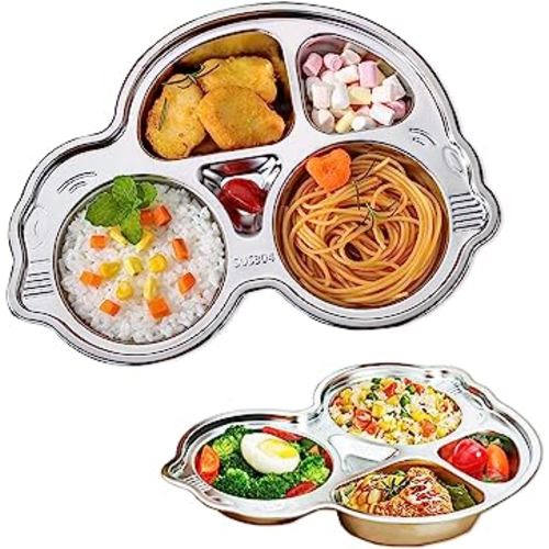 Stainless Steel Plate Divided Meal Tray Sections Dinner Dish for Babies, Toddlers and Kids Eating Food Car Shape BPA-Free Safe Fun Non-Toxic Heavy Duty (silver 2 pack)