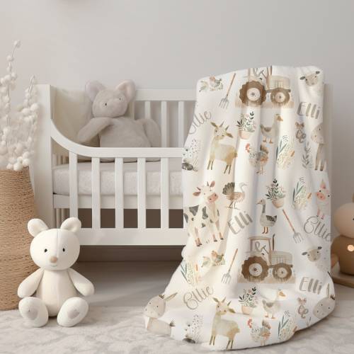 Farm Animal Minky Blanket, Custom Baby Blanket, Personalized Baby Blanket, New Baby Shower Gift Baby Girl Blanket Matching Knotted Hat