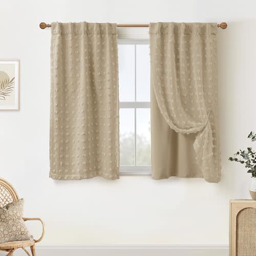 Back Tab Pom Pom Curtains for Girls Room Bedroom Bathroom Nursery Curtains Double Layer 34x45 Inch Length Taupe
