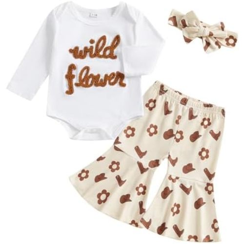 Chloefairy Newborn Baby Girl Clothes Fall Wild Flower Romper Wildflower Bell Bottom Outfit Western Flare Pants Set Headband