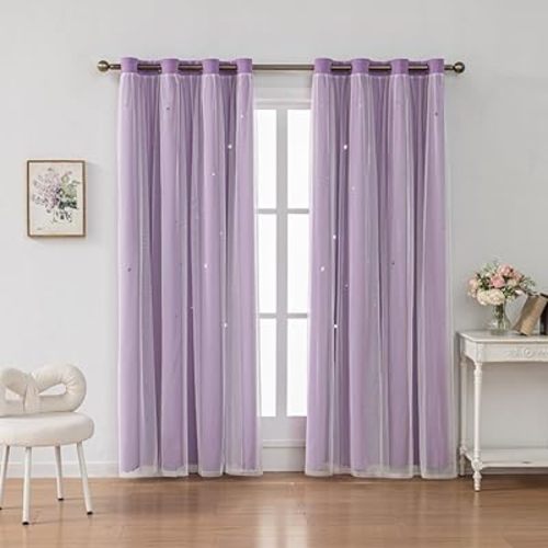 FANLI Ombre Rainbow Blackout Curtains for Kid Girls Bedroom Living Room Darking Stripe Double Layer Star Cut Out Wall Home Decor Gradient Grommet Window Curtains (Purple 63L)