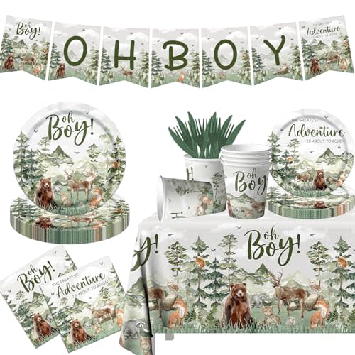 Let The Adventure Begin Baby Shower Tableware,Woodland Baby Shower Plates and Napkins Decorations Cups Banner Tablecloth for Adventure Awaits Baby Shower Boy Mountain Party Decorations
