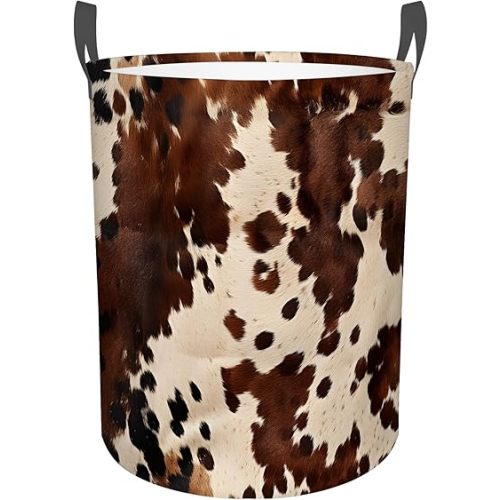Brown Cowhide Laundry Basket,Laundry Hamper With Handles Collapsible Laundry Baskets Waterproof Dirty Clothes Hamper Storage Basket Toy Bins For Room Bathroom Bedroom Decor