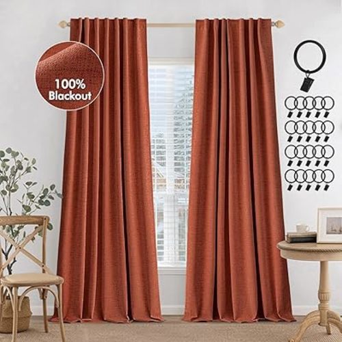 MIULEE 100% Blackout Curtains 90 inches Long, Linen Curtains for Bedroom Black Out Window Treatments Thermal Insulated Room Darkening Drapes Back Tab Rod Pocket, Terracotta Fall Decor 2 Panels