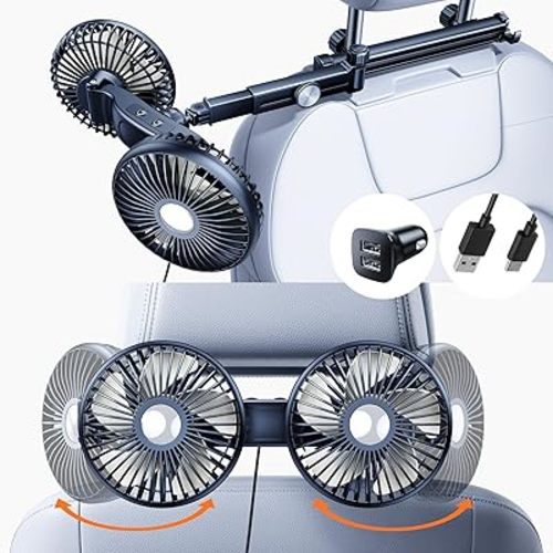 Car Fan For Rear Seat with Extension Arm Foldable Bracket, Adjustable Dual Head USB Cooling Fans For Car Seat, 3 Speeds and 360 Degree Rotatable Car Seat Fans For Passengers, Kids, Pets