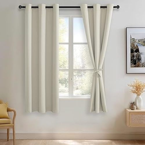JIUZHEN Ivory Blackout Curtains with Tiebacks - Thermal Insulated, Light Blocking and Noise Reducing Grommet Curtains for Bedroom and Living Room, Set of 2 Window Curtain Panels, 42 x 63 Inch Length