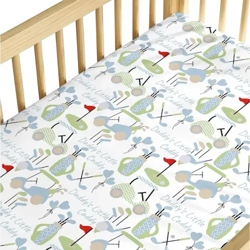 Baby Boys Standard Crib Sheet Blue Gingham Golfing, Cute Golf Daddy's Little Caddy Snug Fitted Mattress Covers, Soft Stretchy Breathable Nursery Kids Toddler Bed Decor Shower Gift 52 x 28