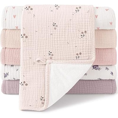 Bearmoss Muslin Burp Cloths, 100% Cotton Baby Burping Clothes, Large Extra Soft Absorbent for Unisex Newborn Boy and Girl, 20x10in, 6 Pack, Pink Print
