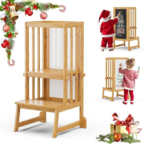 Kids Kitchen Step Stool with Chalkboard, Height Adjustable Toddler Tower with Safety Rail, Toddler Kitchen Stool Helper, Anti-tip Kitchen Step Stool for Toddlers 18 Months & Older (Natural)