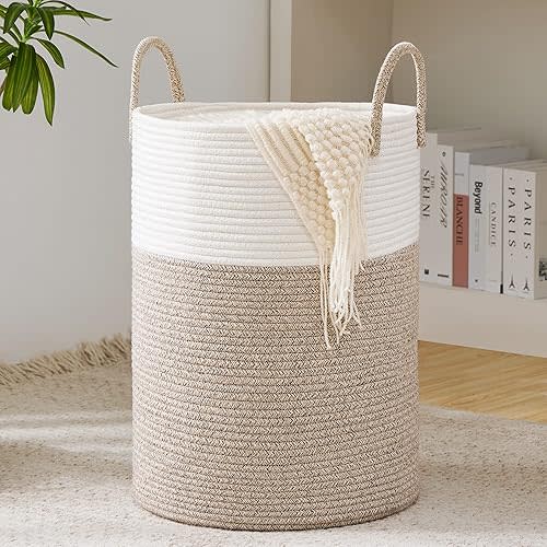 Woven Rope Laundry Hamper Basket, 58L Tall Laundry Basket, Baby Nursery Hamper for Blanket Storage, Clothes Hamper for Laundry in Bedroom-Large-Brown