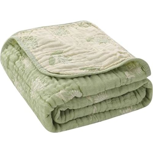 Muslin Baby Blanket, Organic Cotton Blend Jacquard (Matcha Floral)