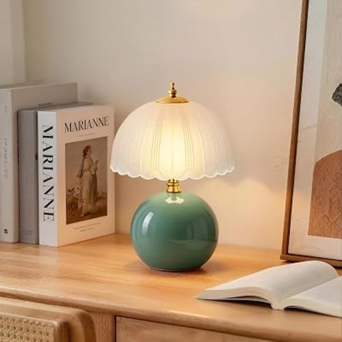 Mushroom Table Lamp, Ceramic Bedside Lamp with Glass Shade, 3-Way Lighting (2700K-5000K) Rocker Switch, Small Nightstand Lamp for Bedroom, Living Room, Office, Green