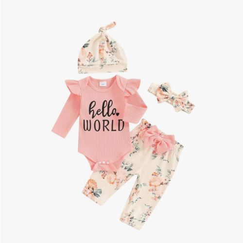 Hello World Newborn Outfit Baby Girl Going Home Outfit Ruffle Ribbed Romper Top Floral Pants Set Cute Summer Clothes