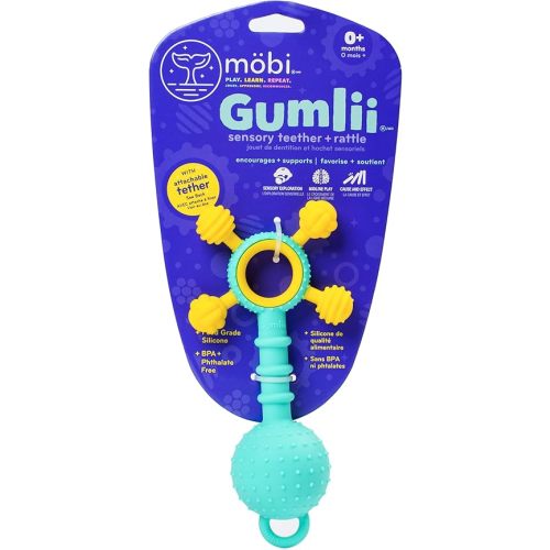Mobi Gumlii Sensory Teether Baby Rattle Toy - Baby Teething Toy for Babies 0-6 Months, Newborn Baby Sensory Teether & Rattle Toy, Made with Food Grade Silicone, BPA and Phthalate Free - Pack of 1