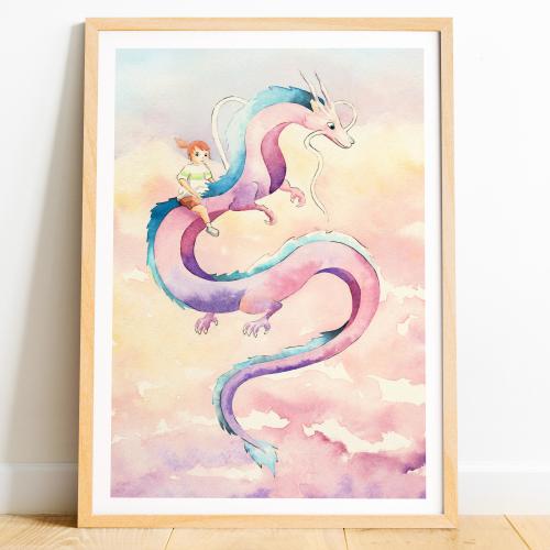 Dragon print, Spirited away wall art, Flying dragon and a girl, japanese anime, Fairytale fantasy illustration, watercolor poster