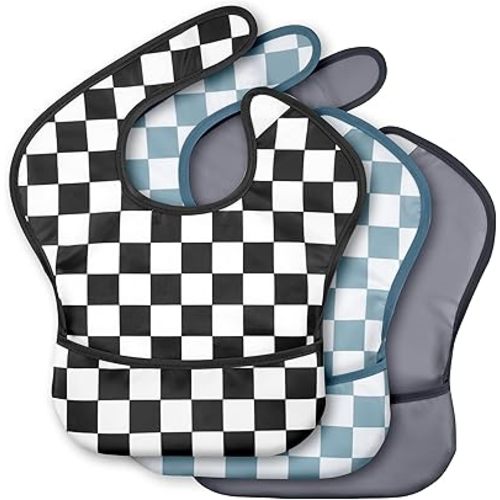 3-Pack Waterproof Baby Bibs for Eating - Mess Proof Lightweight Toddler Feeding Bibs with Large Food Catcher, Food-Grade Baby Eating Essentials, Easy to Put On & Clean(Black Cherkerd)