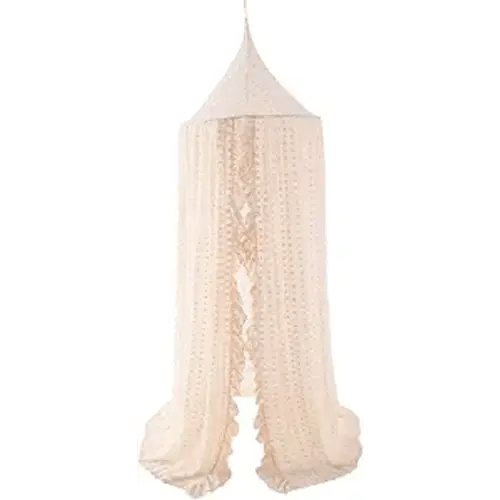 Wonder Space Elegant Kids Bed Canopy - Lace Chiffon Netting with Pom Pom, Princess Girls Fairy Dream Tent, Nursery Room Baby Crib Hanging Curtain Mosquito Net Children Reading Nook Decoration (Beige)