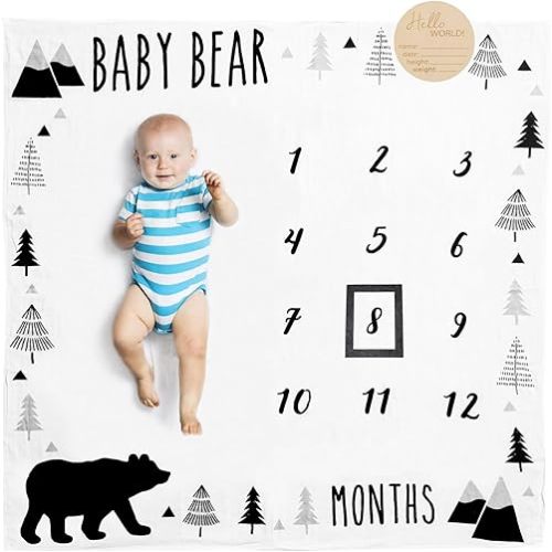 Organic Baby Monthly Milestone Blanket Boy - Baby Bear Months Blanket with Month Marker Frame and Newborn Announcement Disc - Growth Age Blanket for 1-12 Months Milestones, Woodland, 47”x47”