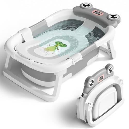 Baby Bathtub, Collapsible Newborn Bathtub for Infant to Toddler 0-24 Months with Soft Cushion and Thermometer,Portable Travel Newborn Tub with No-Slip Feet, Baby Shower Gifts,Grey