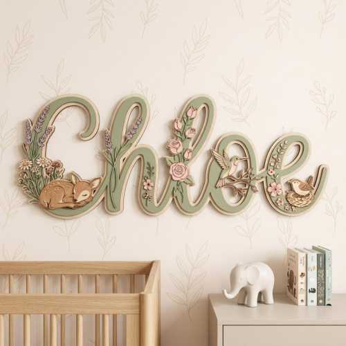Personalized Sage Green Nursery Name Sign, Custom 3D Woodland Animal Wall Art, Forest Deer & Bird Baby Room Decor, Nature Inspired Baby Gift