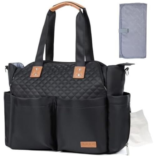 Lekebaby Diaper Bag Tote, Large Diaper Bags Waterproof,Large Mommy Bag Tote Bag Handbag Pink Travel, Black and Beige